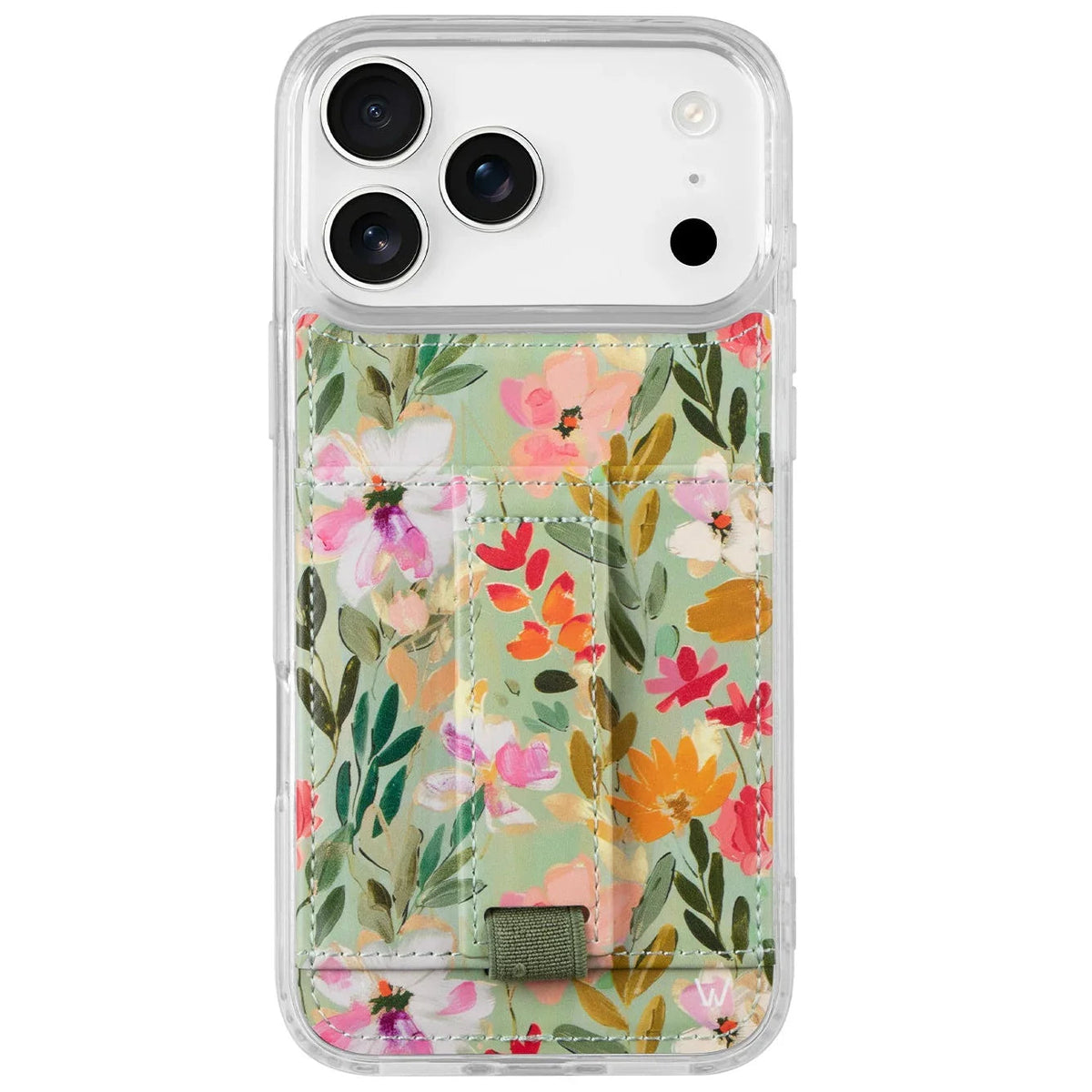 Floral clear phone case with green strap and buckle detail on the front.
