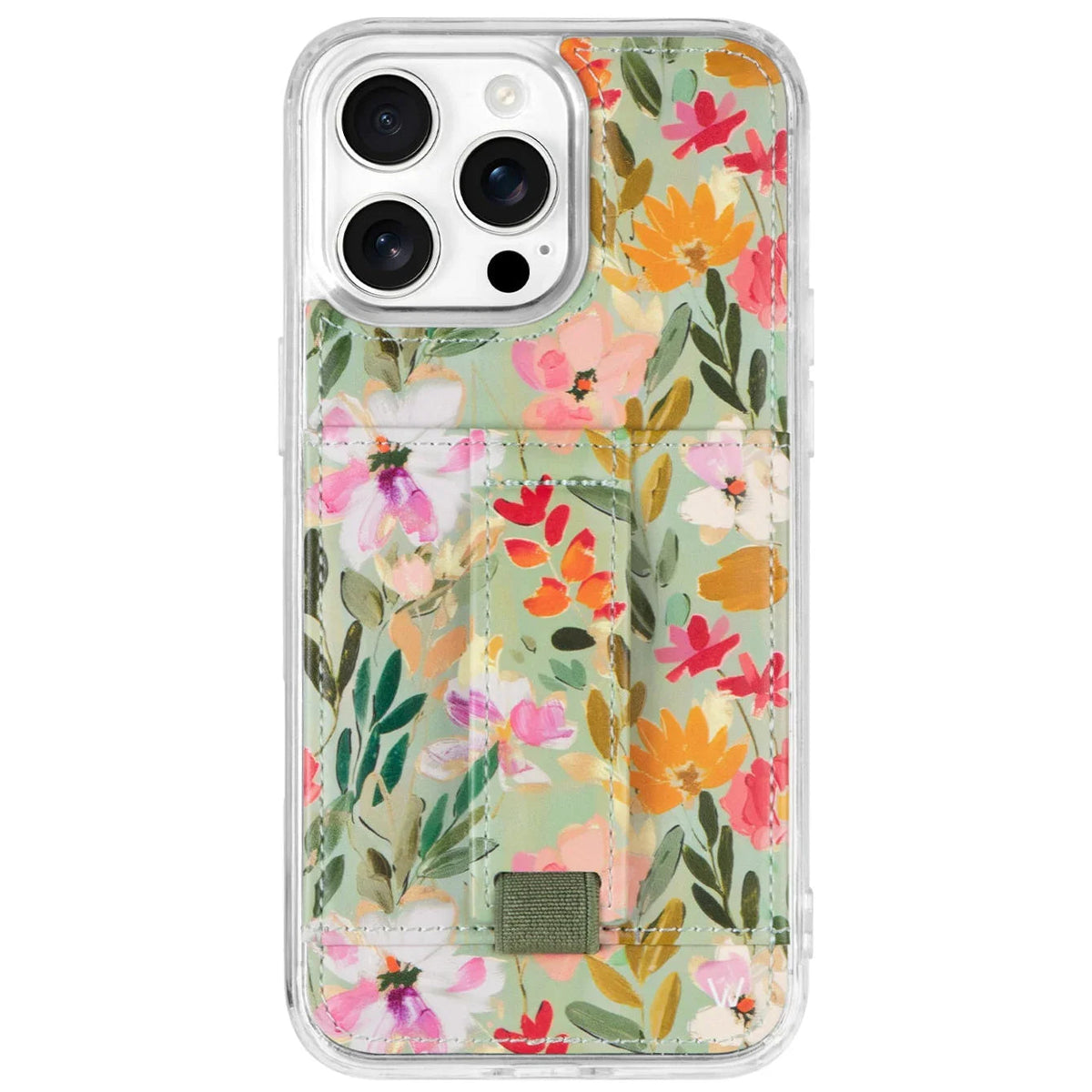Clear floral phone case with centered green strap and card slot panel