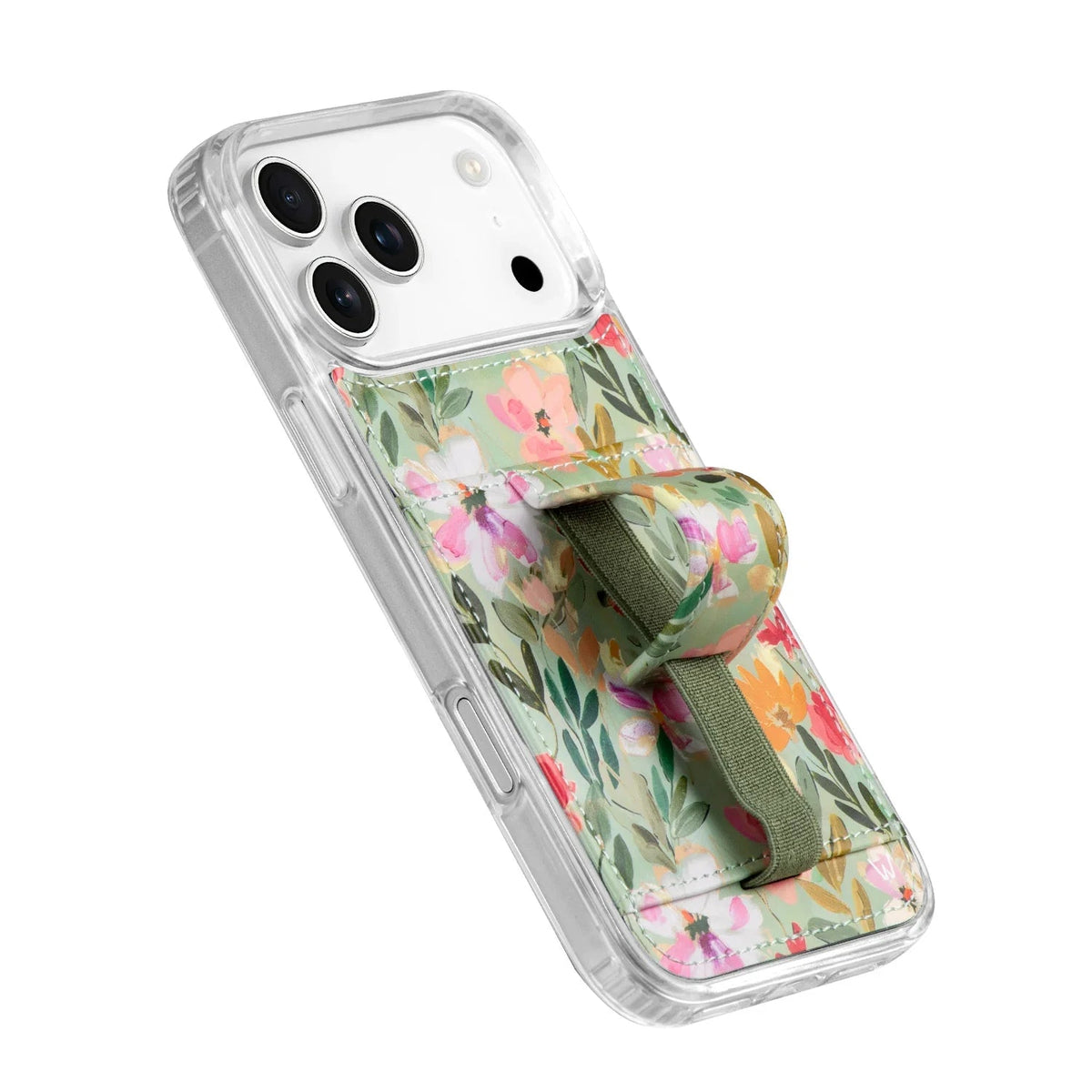 Clear phone case with colorful floral print and green strap for hand-free carrying