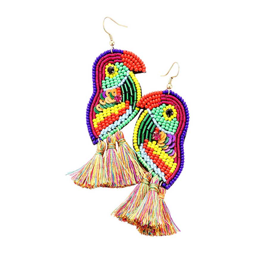 Parrot bead sequin tassel earrings, blue and purple beads with rainbow tassel fringe.