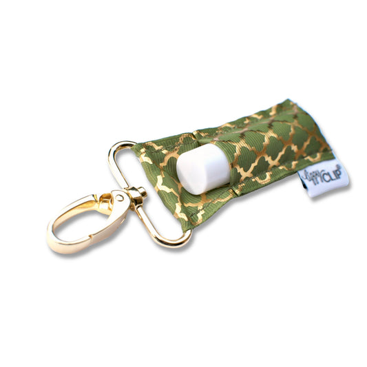 Olive green quatrefoil lippy clip lip balm holder with gold clasp and keyring loop