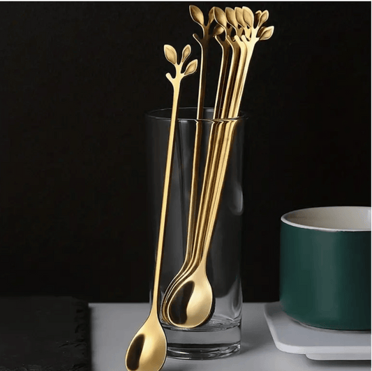 Gold long-handle stainless steel spoons in holder, six-piece set