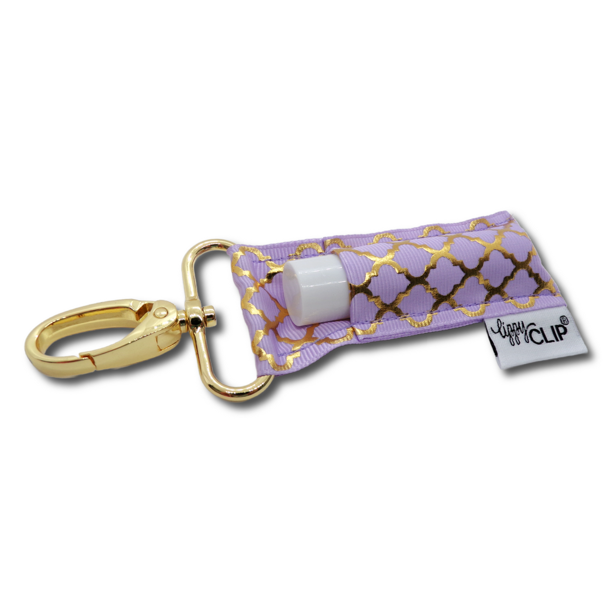 Lavender quatrefoil LippyClip lip balm holder with gold clip and small white balm