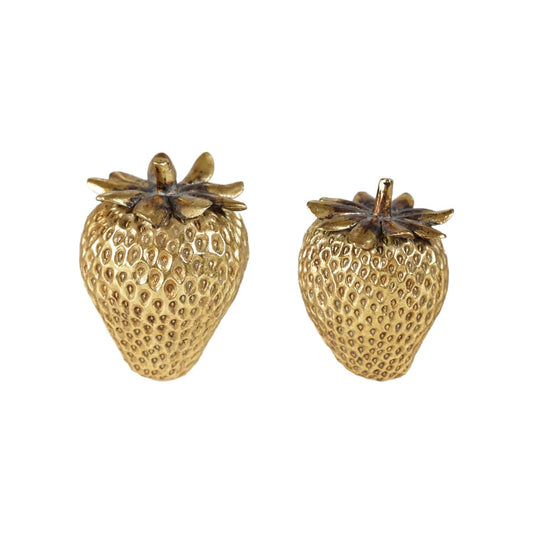 Gold resin strawberry decor, textured set of two small fruit ornaments