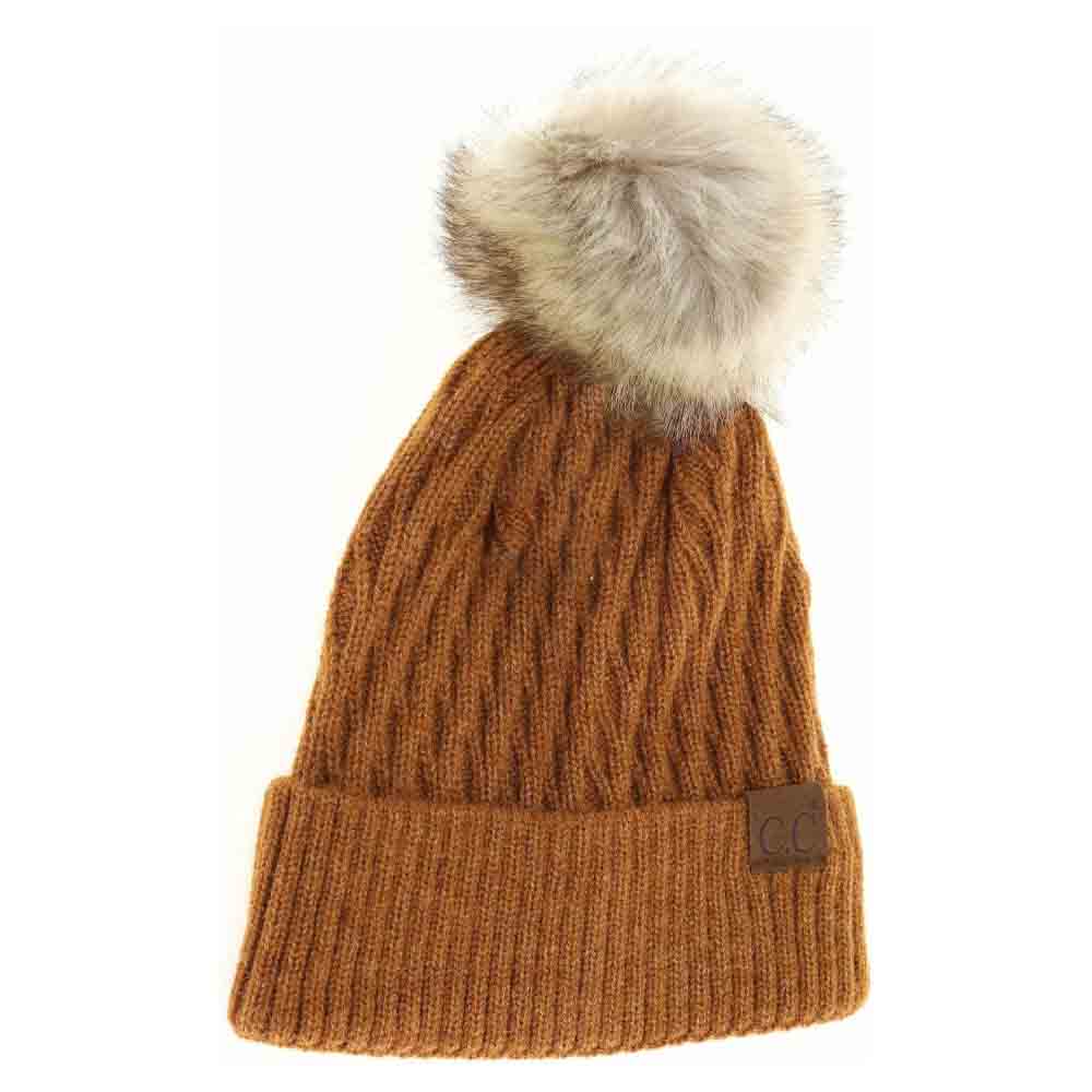 Camel textured knit beanie with faux fur pom-pom and C.C label patch