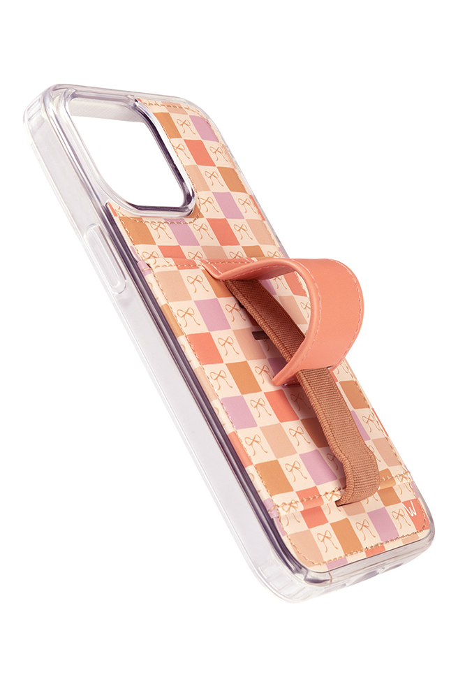 Transparent phone case with orange-pink checker pattern and leather wrist strap