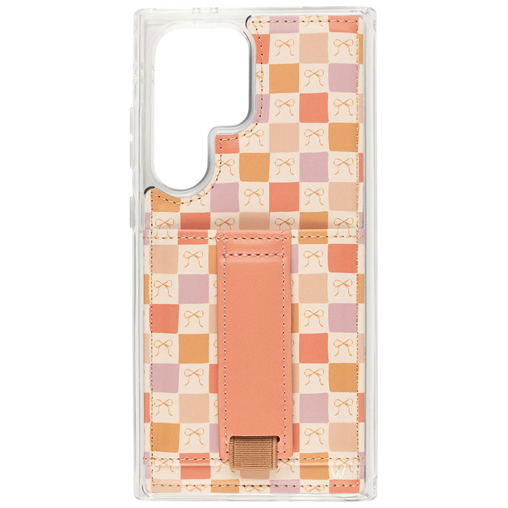 Clear phone case with orange-pink check pattern and front card holder strap