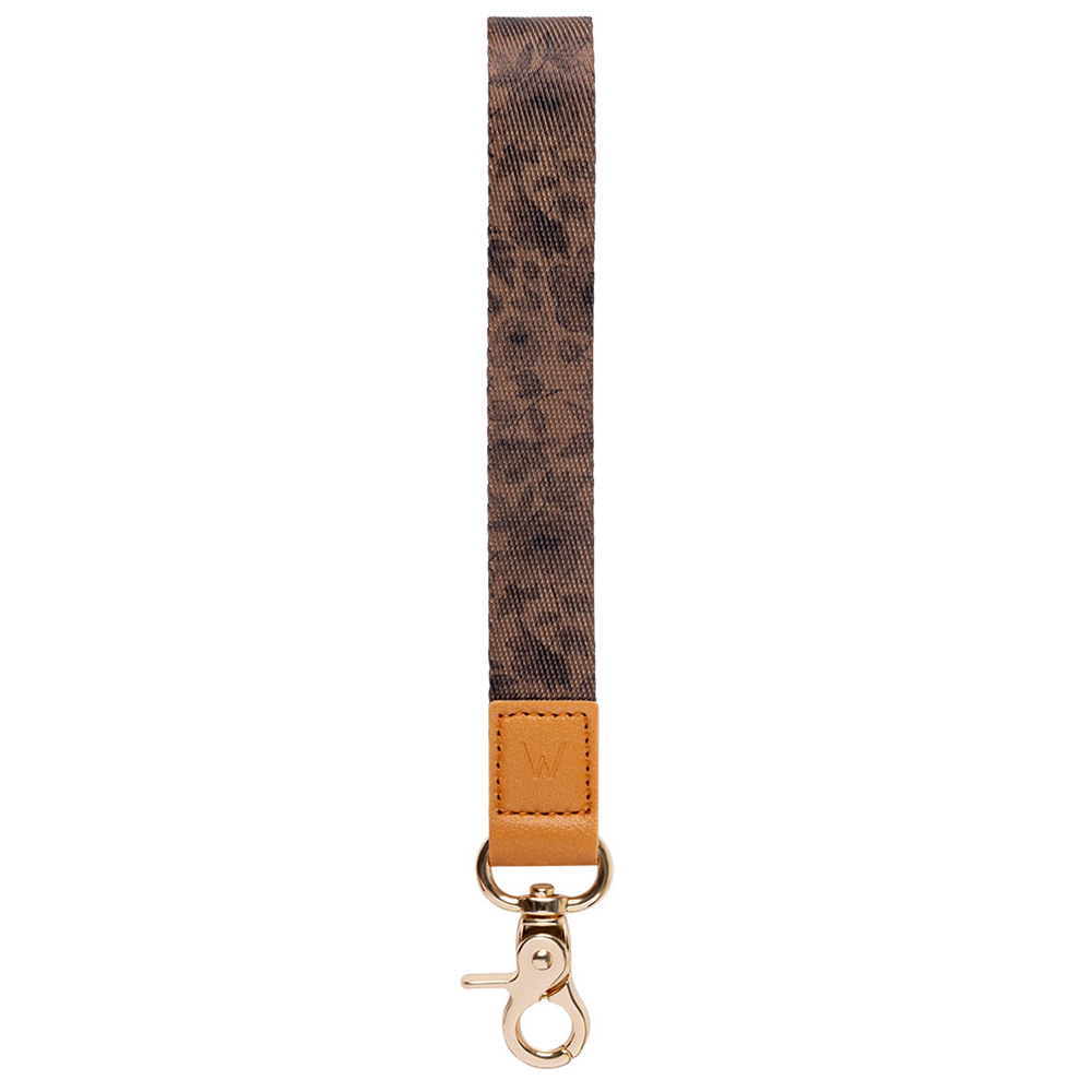 Wrist lanyard strap with leather tab and gold-tone lobster clasp, brown patterned.