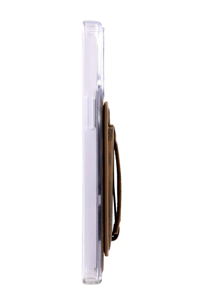 Clear side view of magnetic wallet phone case with brown card holder insert
