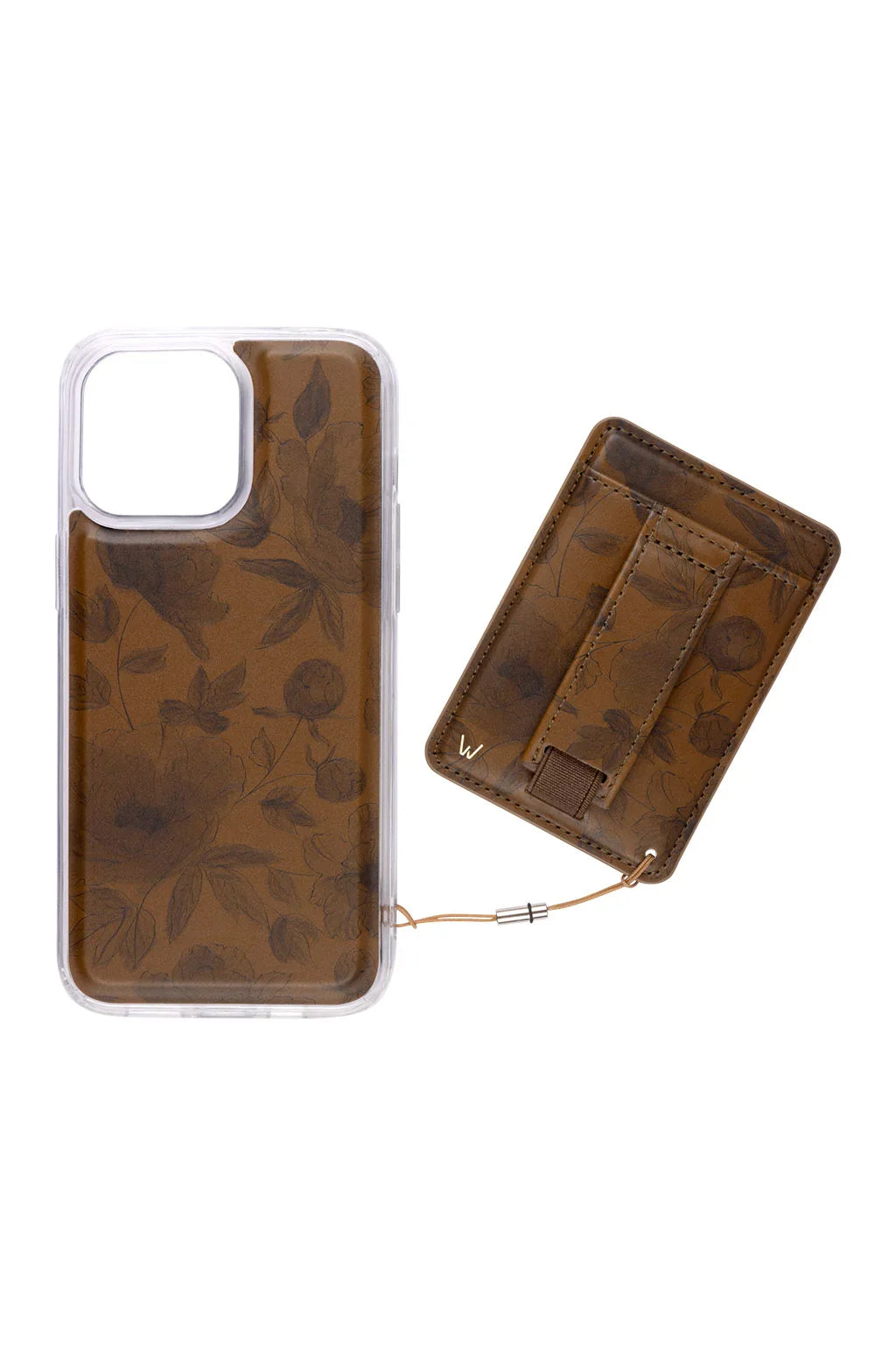 Magnetic phone case with matching wallet, brown patterned, card slots and wrist strap