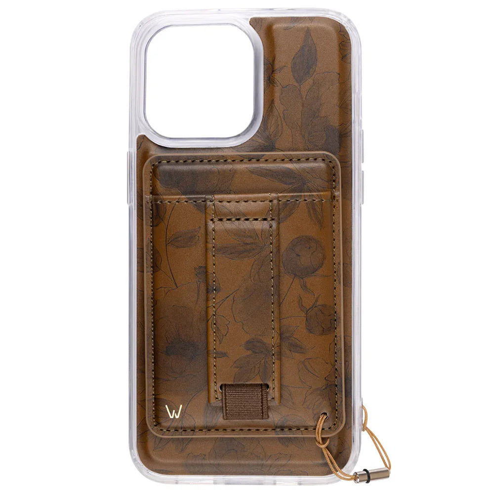 Brown patterned magnetic wallet phone case with clear back, card slots, and wrist strap