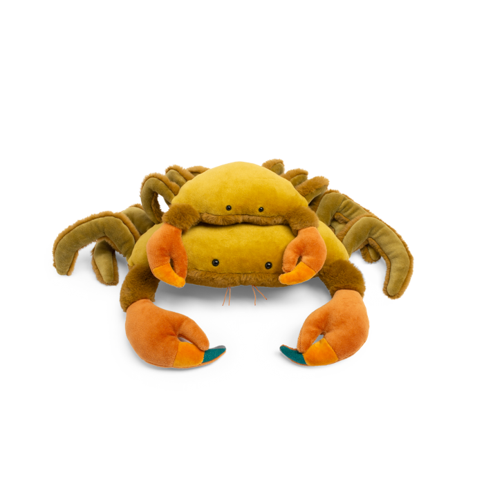 Two small plush crabs stacked together, with yellow bodies and orange claws
