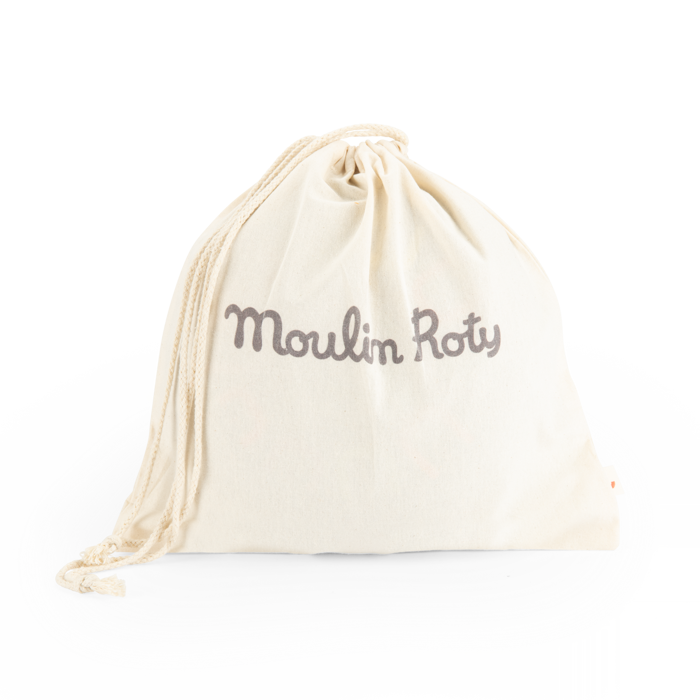 Canvas drawstring pouch with Moulin Roty logo, for tongue drum storage