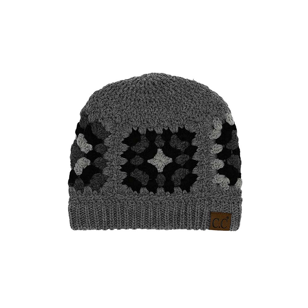 C.C crochet beanie in gray and black granny-square pattern