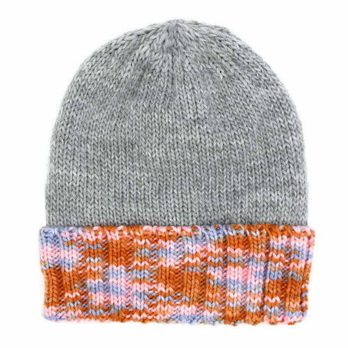 Gray knit fleece beanie with orange multicolor striped folded cuff
