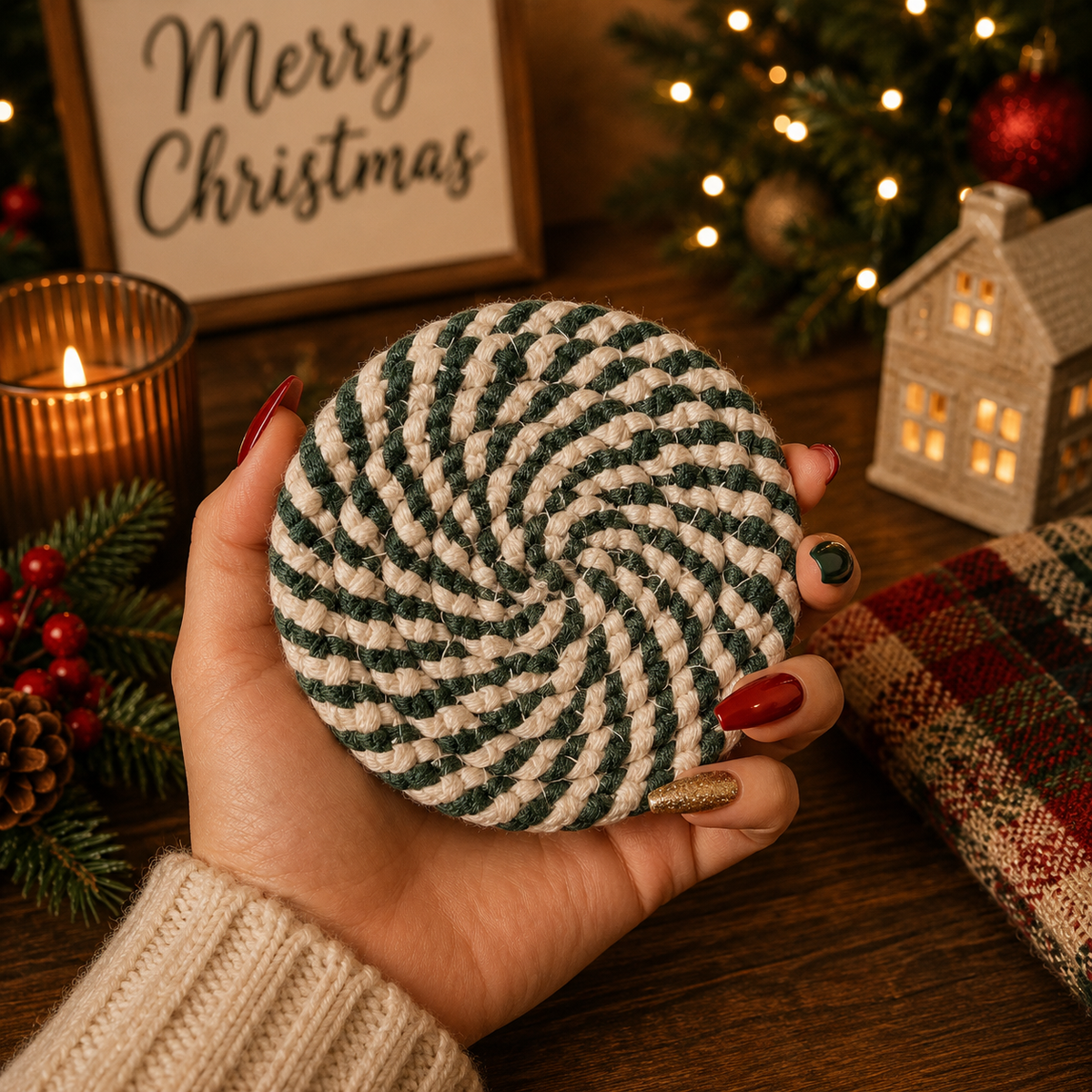 Green striped braided rope coaster with candy cane spiral, held in a hand