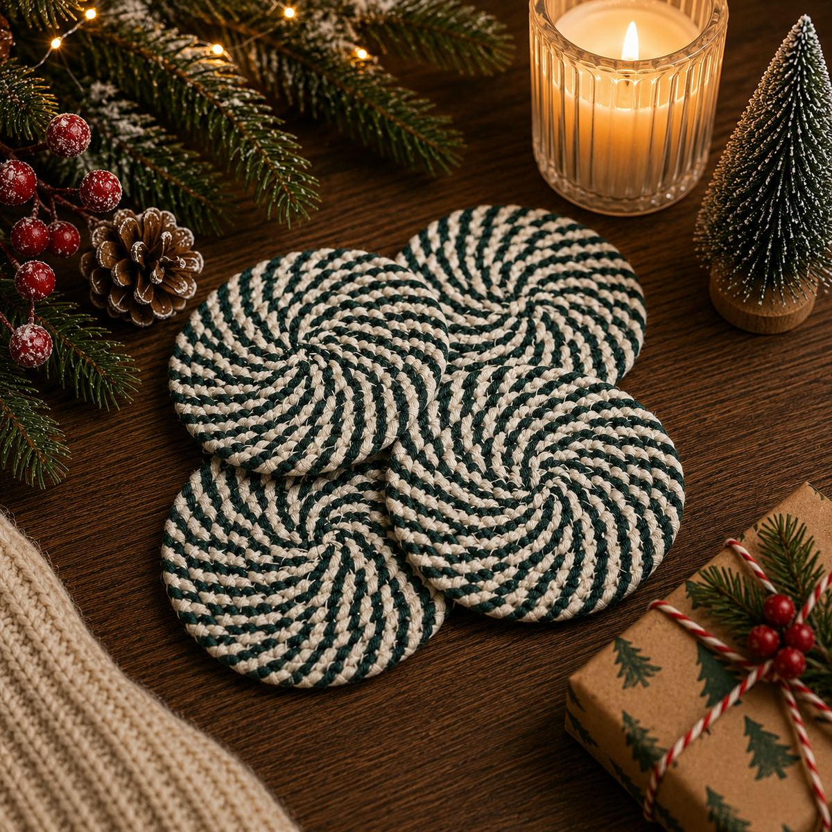 Green striped braided rope coasters, candy cane spiral, stacked round set on table