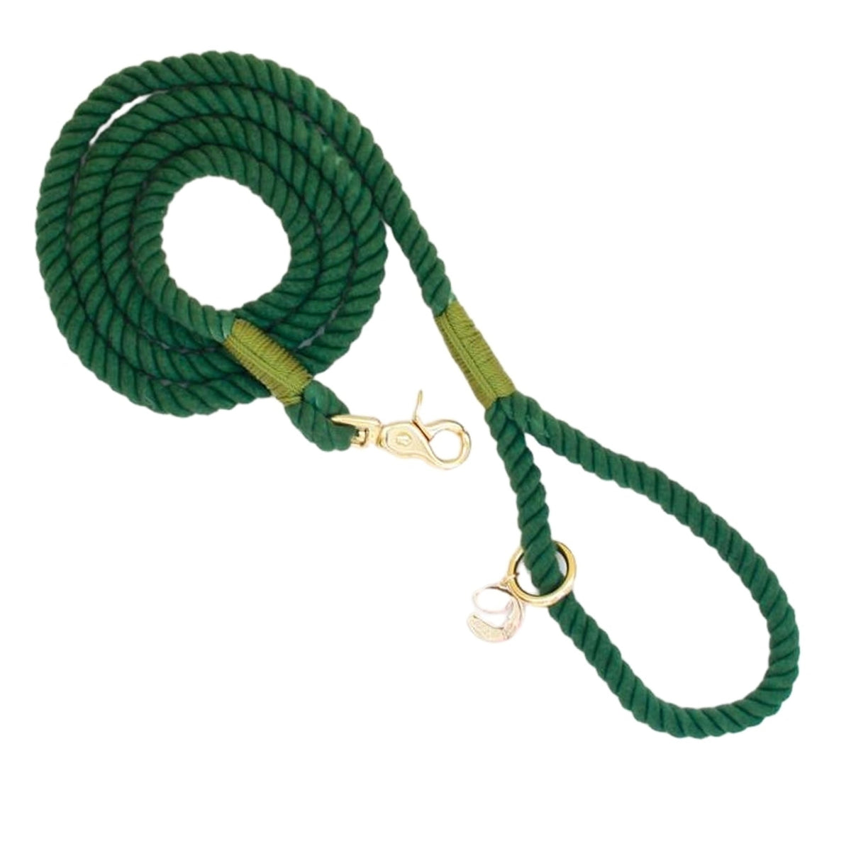 Evergreen rope dog leash in green braided rope with gold-tone clasp and loop