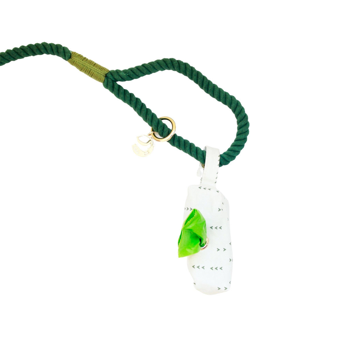 Green rope dog leash with gold-tone D-ring and white charm tag on the lead