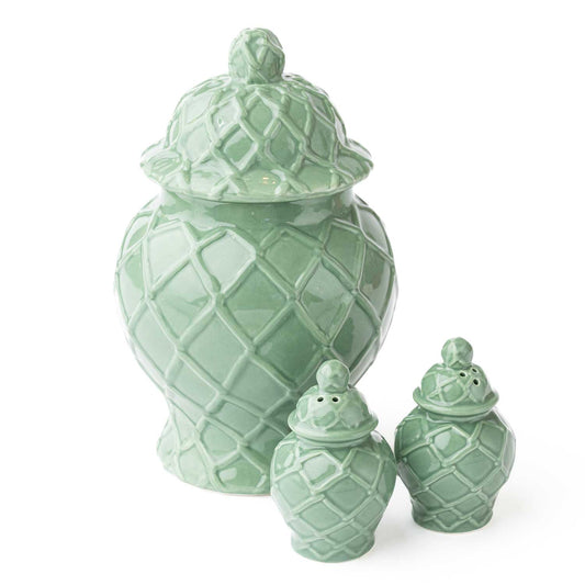 Green textured ceramic jar with lid, shown with matching salt and pepper shakers