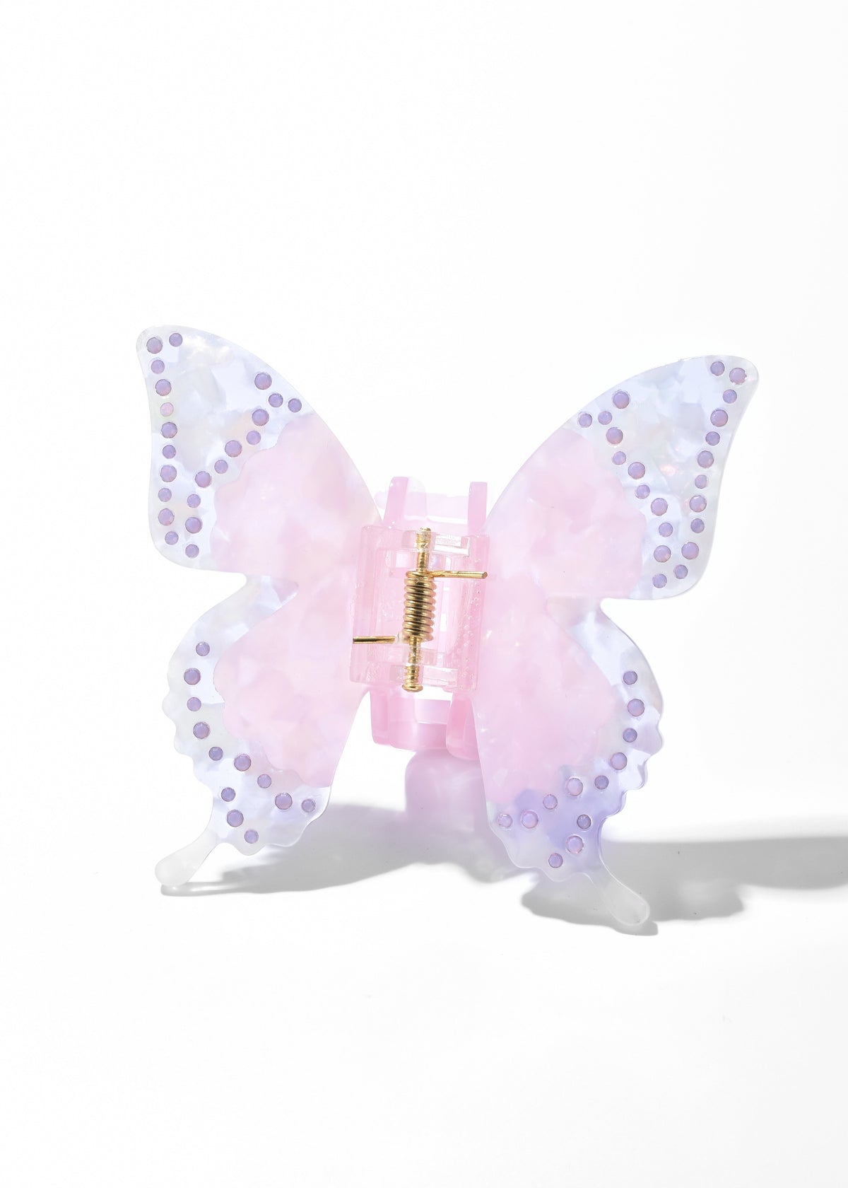 Pink butterfly hair clip with translucent wings and dotted edging