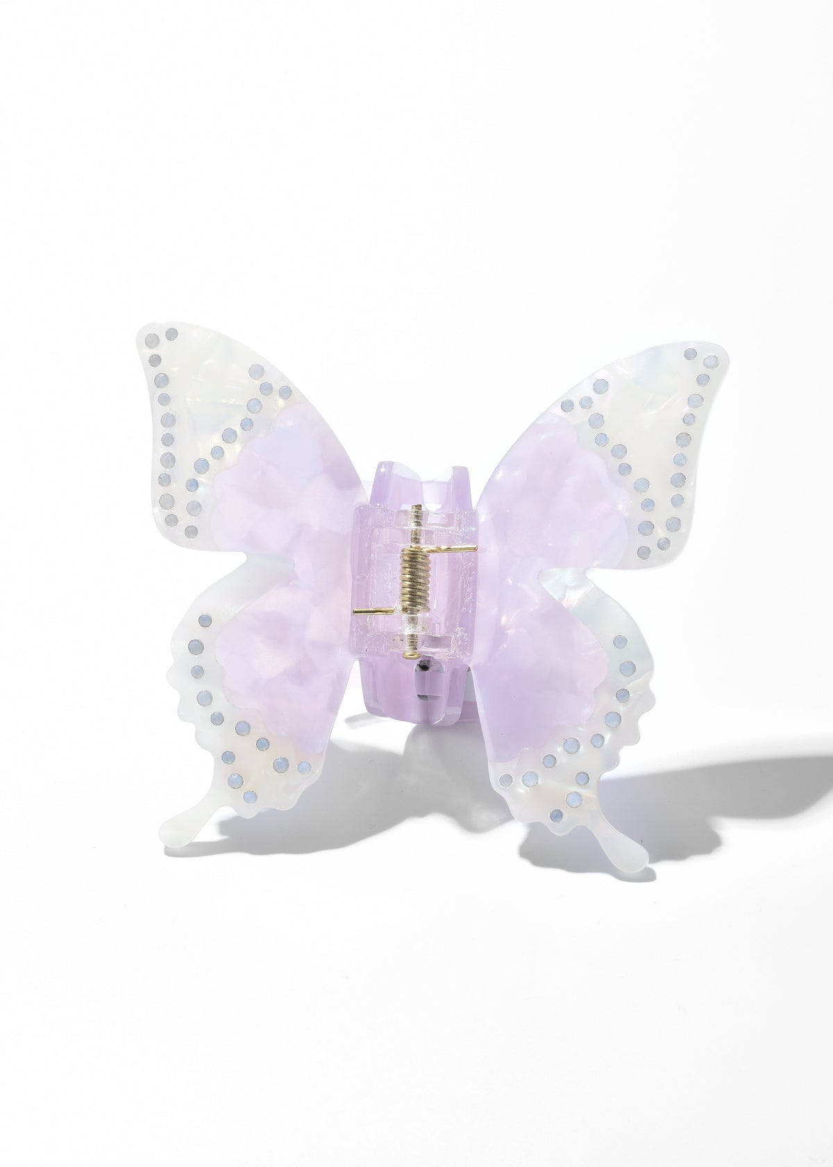 Purple butterfly hair clip with translucent wings and dotted edging