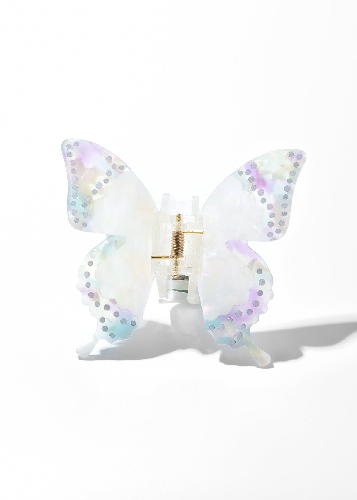 White iridescent butterfly hair clip with dotted wing edging