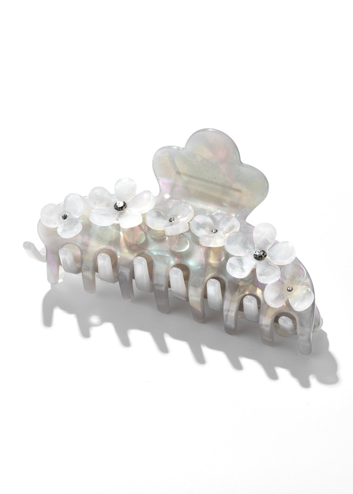 Gray iridescent hair claw with white flower decorations and bead centers