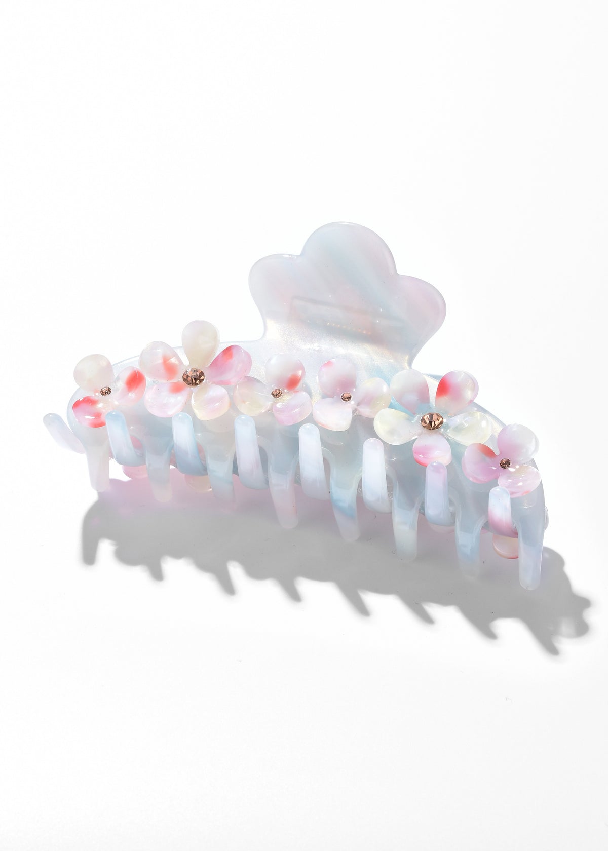 Blue iridescent hair claw decorated with pastel flowers and bead centers