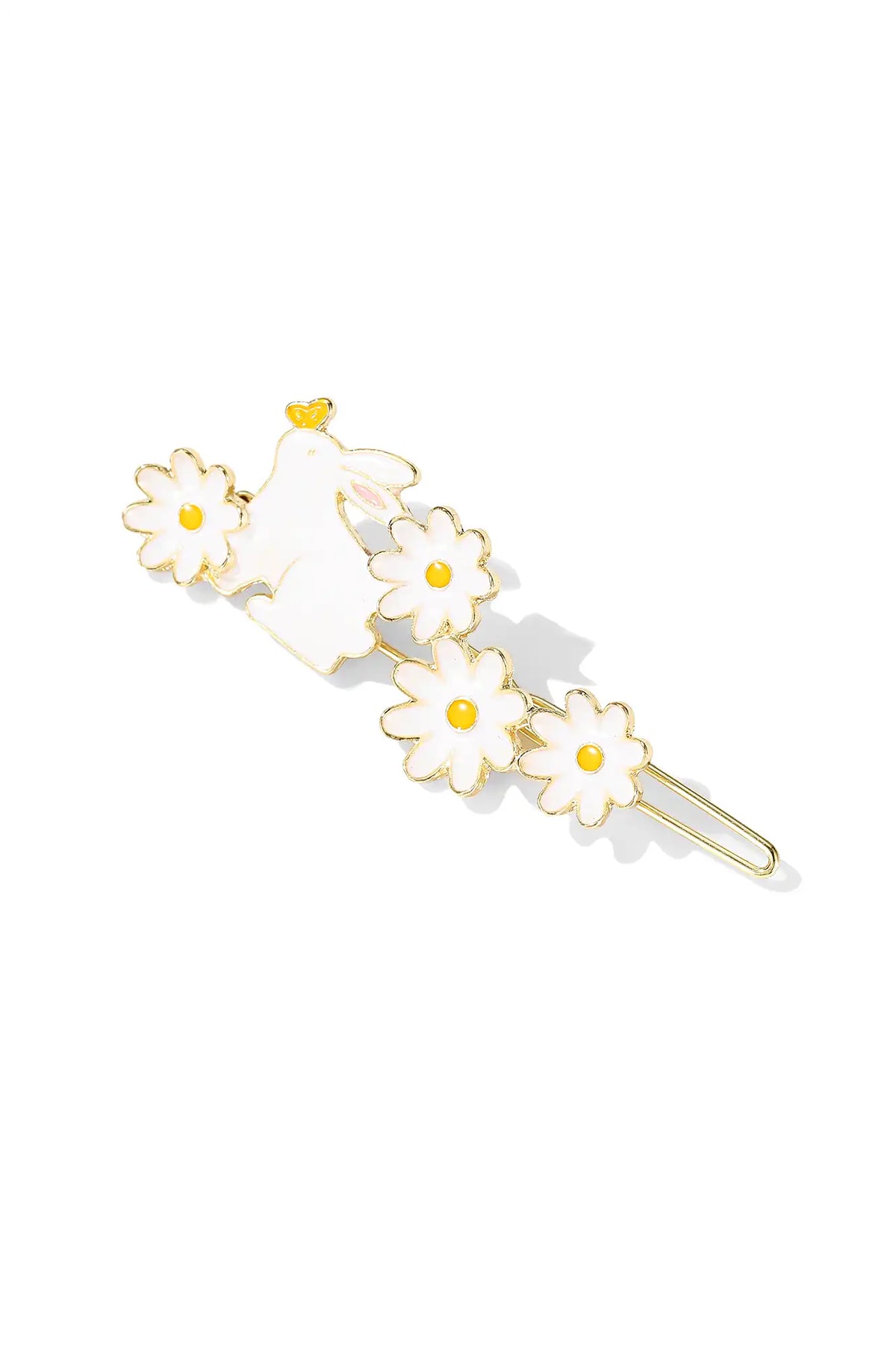 Gold-tone hair clip with a white bunny and five white flowers with yellow centers