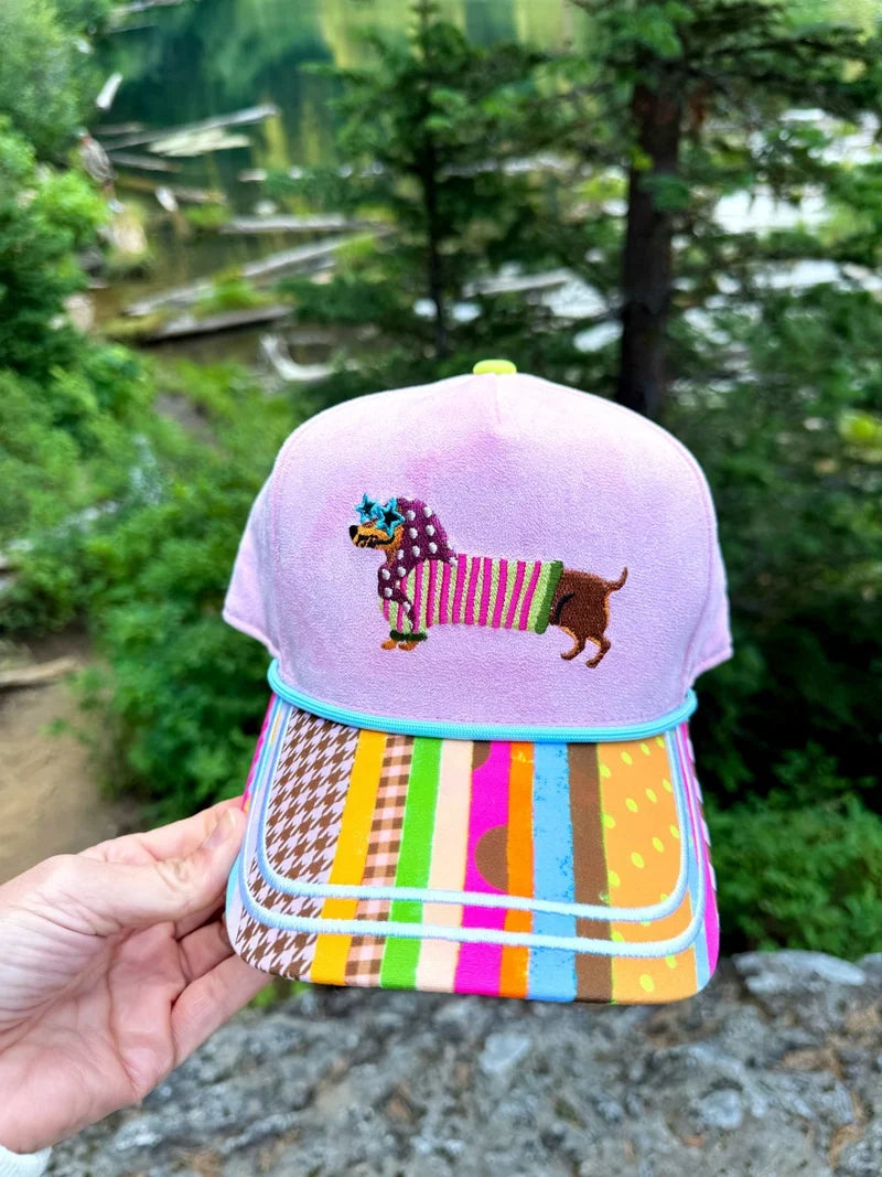 Dachshund hat with embroidered dog and colorful striped brim