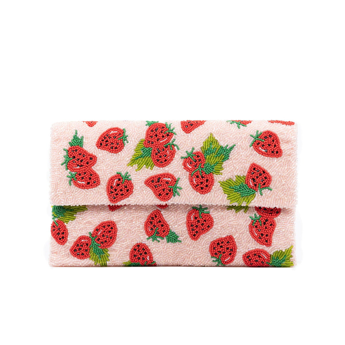 Pink fabric ribbon with embroidered red strawberries and green leaves
