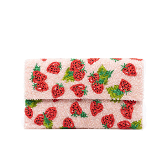 Pink fabric ribbon with embroidered red strawberries and green leaves