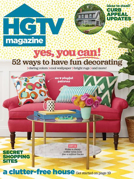 HGTV magazine cover with colorful decor pillows and home design headline