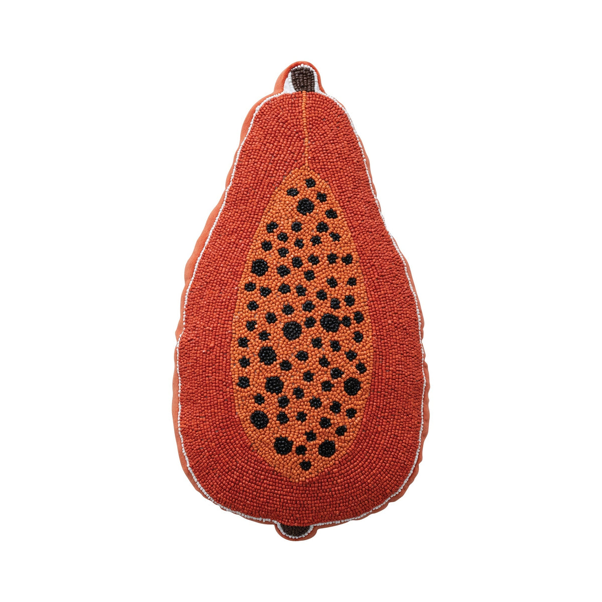 Papaya-shaped accent pillow with beaded orange and black sequin design