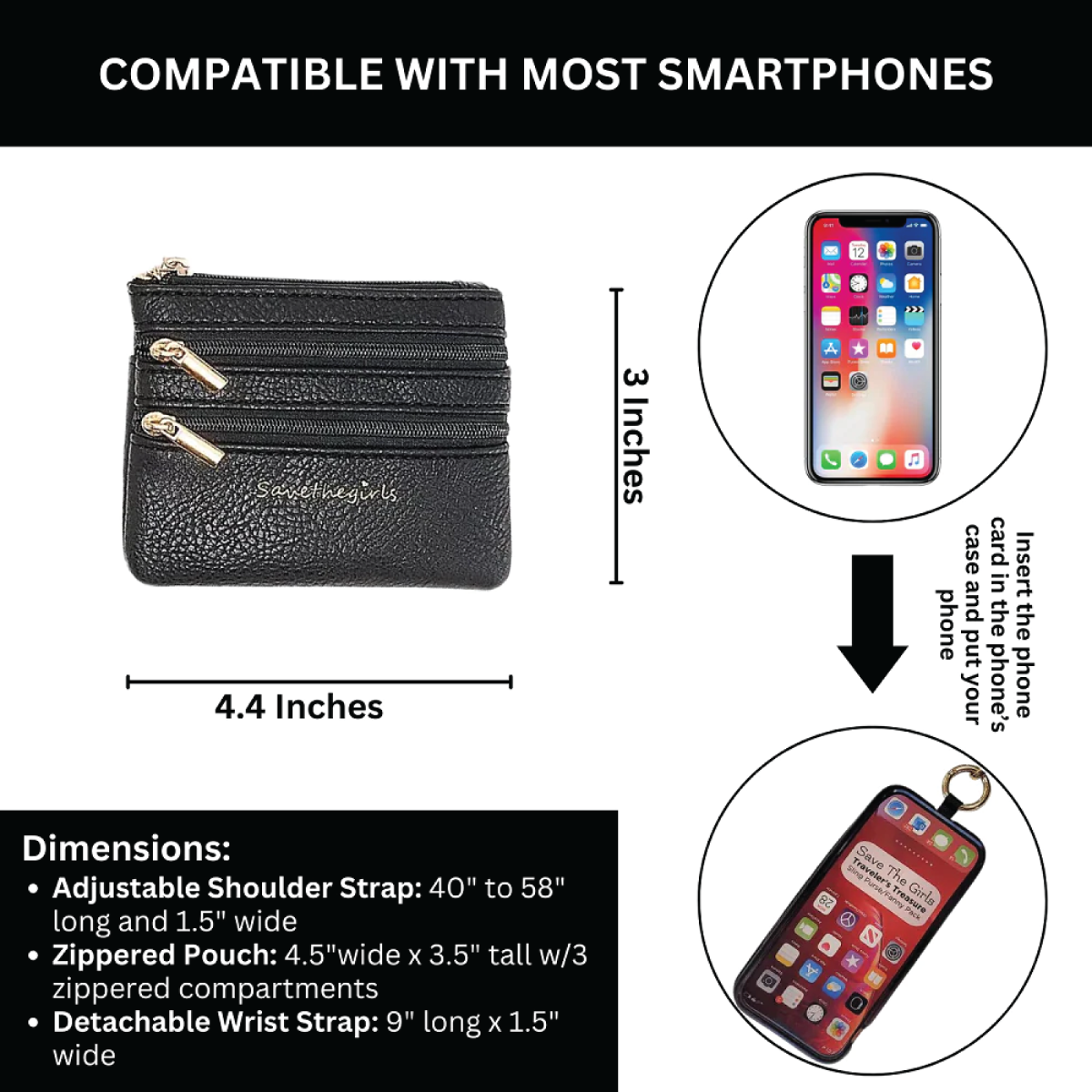 Black zip pouch phone card holder with adjustable shoulder strap and detachable wrist strap