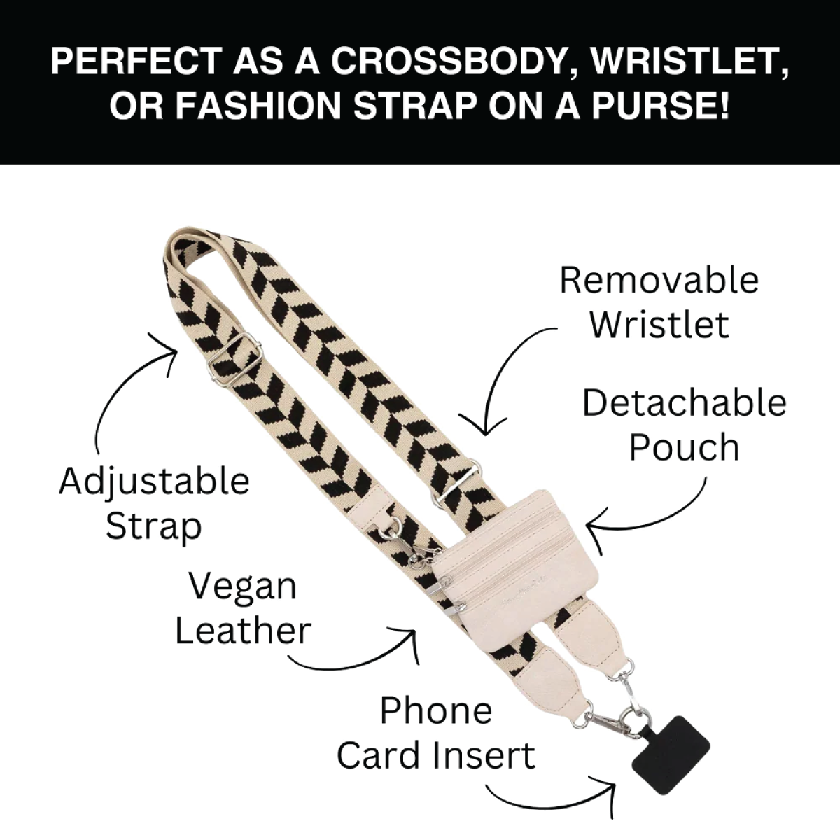 Chevron phone wristlet with adjustable strap, detachable pouch, and phone card insert
