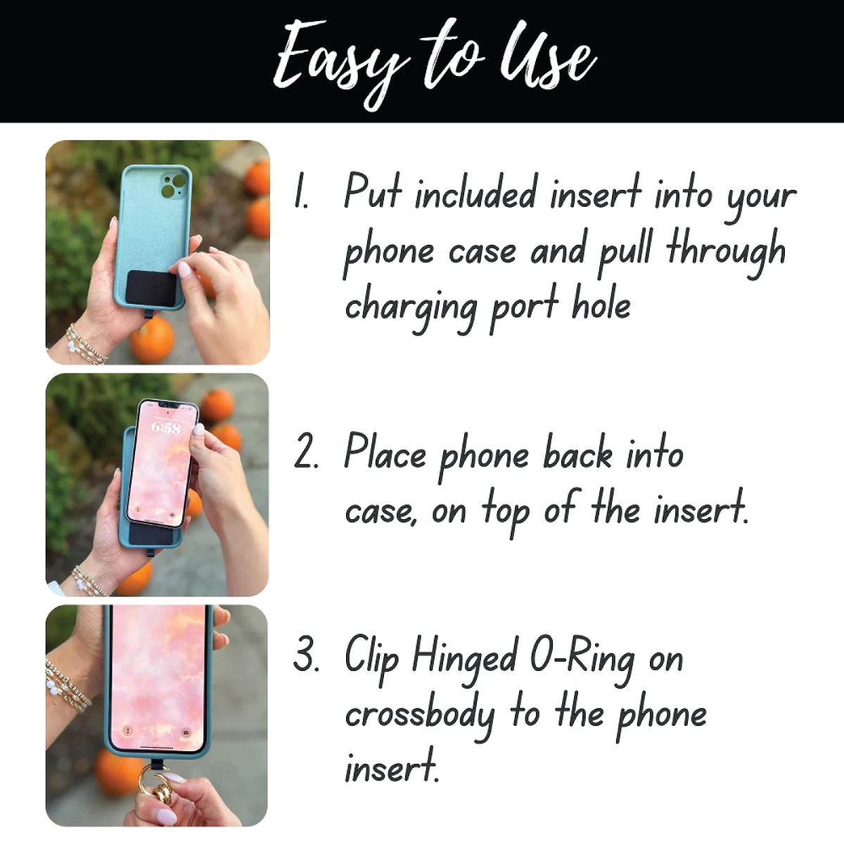 Hands fitting phone into hinged O-ring case insert for crossbody clipping