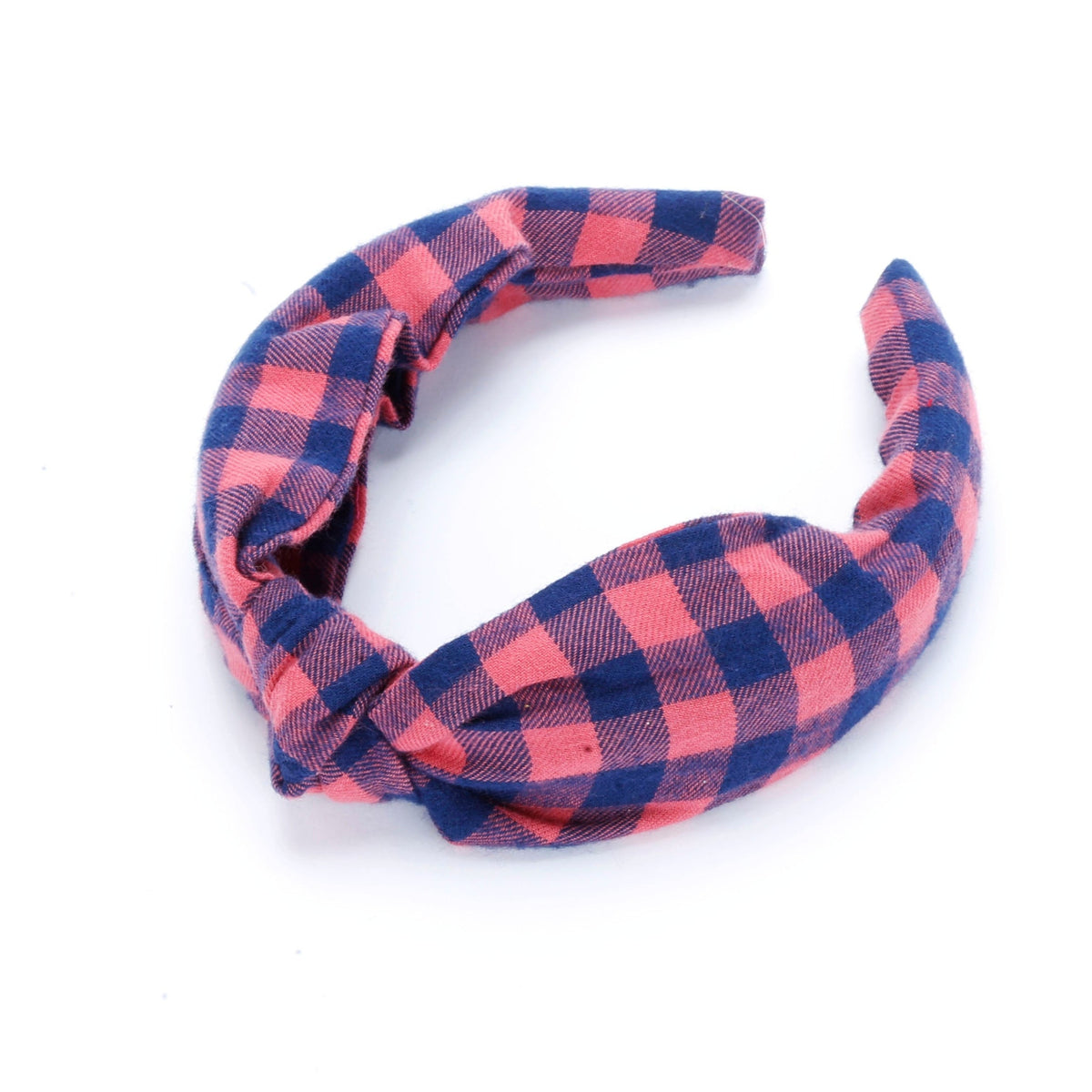 Girls' padded headband in pink and navy plaid with a twisted front