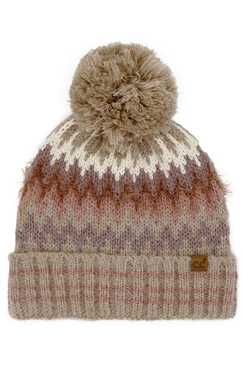 Striped knit beanie with tan pom-pom and zigzag chevron pattern, C.C logo patch