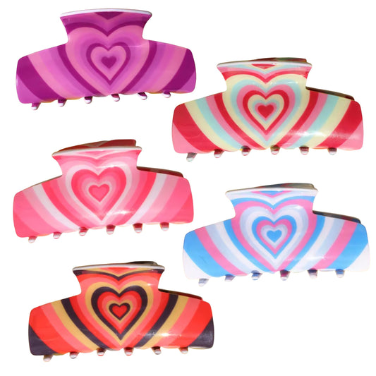 Set of five heart-striped hair claw clips in purple, red, pink, and blue