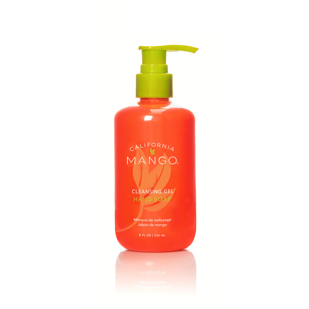 California Mango hand soap in a bright orange bottle with a lime green pump