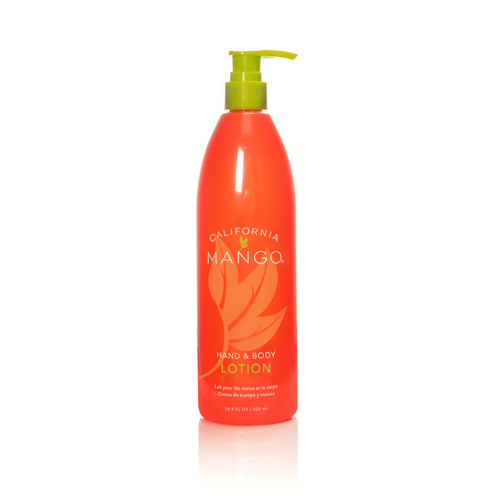 Orange hand and body lotion bottle with green pump, California Mango label
