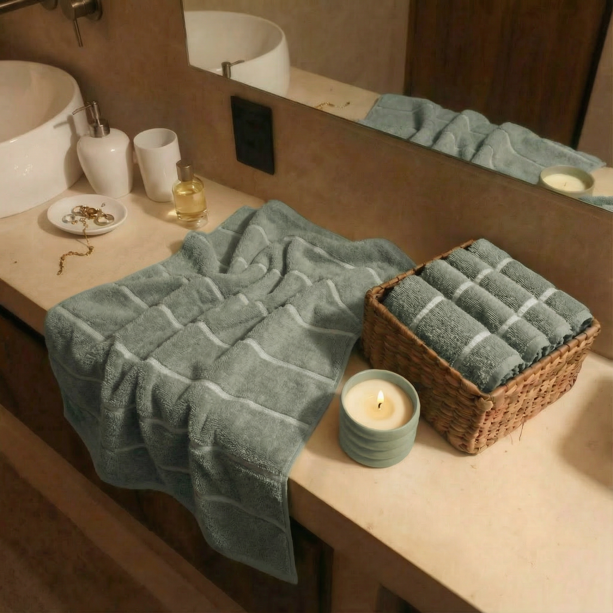 Sage-green cotton towels with white stripe bands, folded on bathroom counter