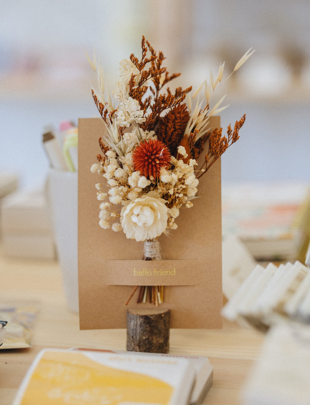 Kraft hello friend mini bouquet card with cream and orange dried flowers
