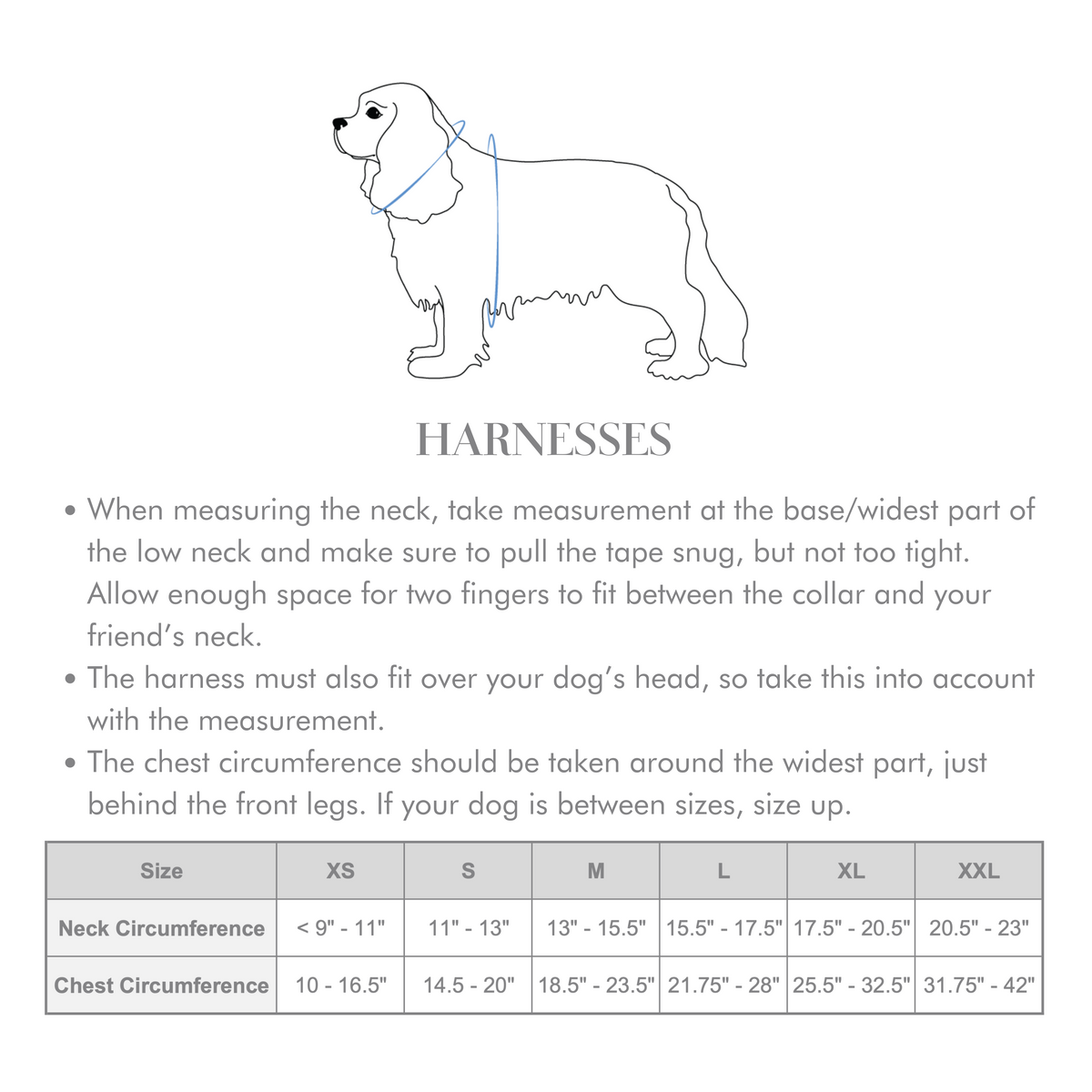 Dog harness sizing chart with neck and chest measurement table