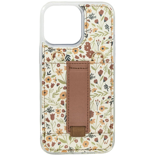 Floral purse phone case with brown strap and snap closure, clear frame