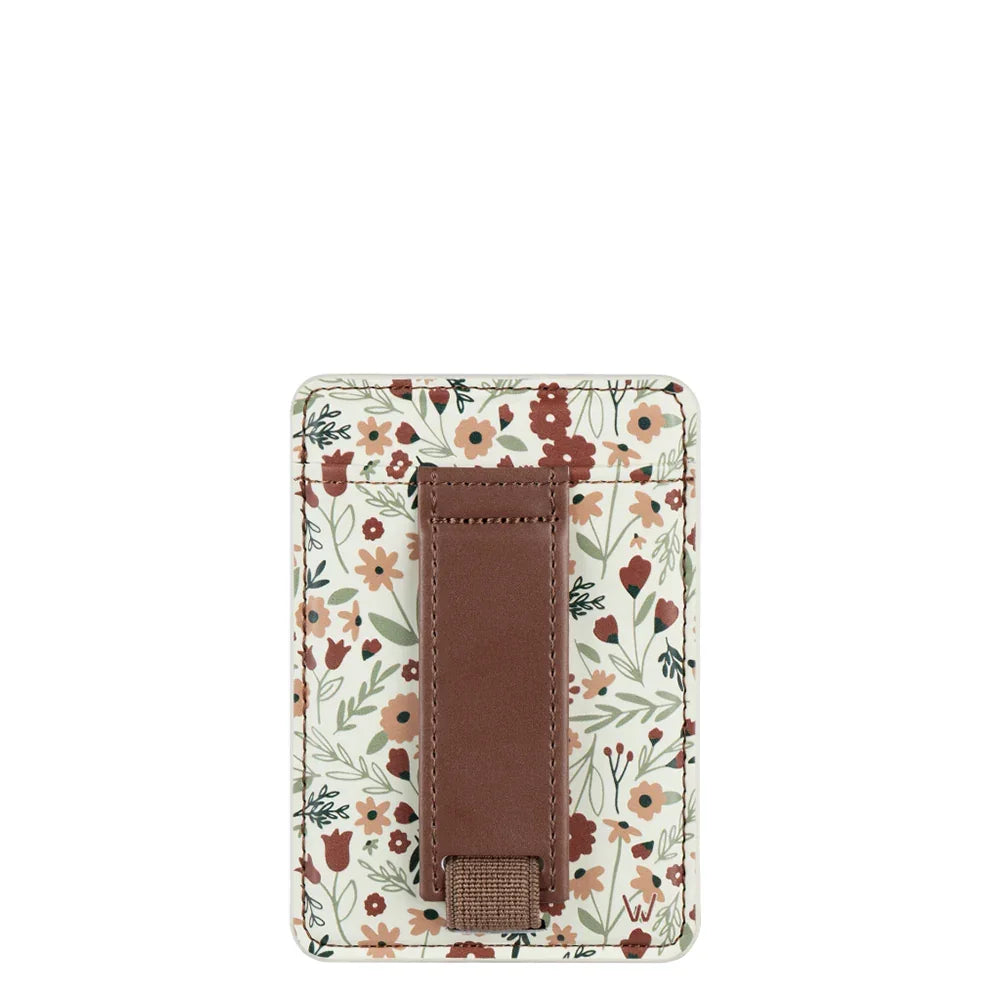 Floral magnetic wallet with brown leather-look panel and magnetic closure strap