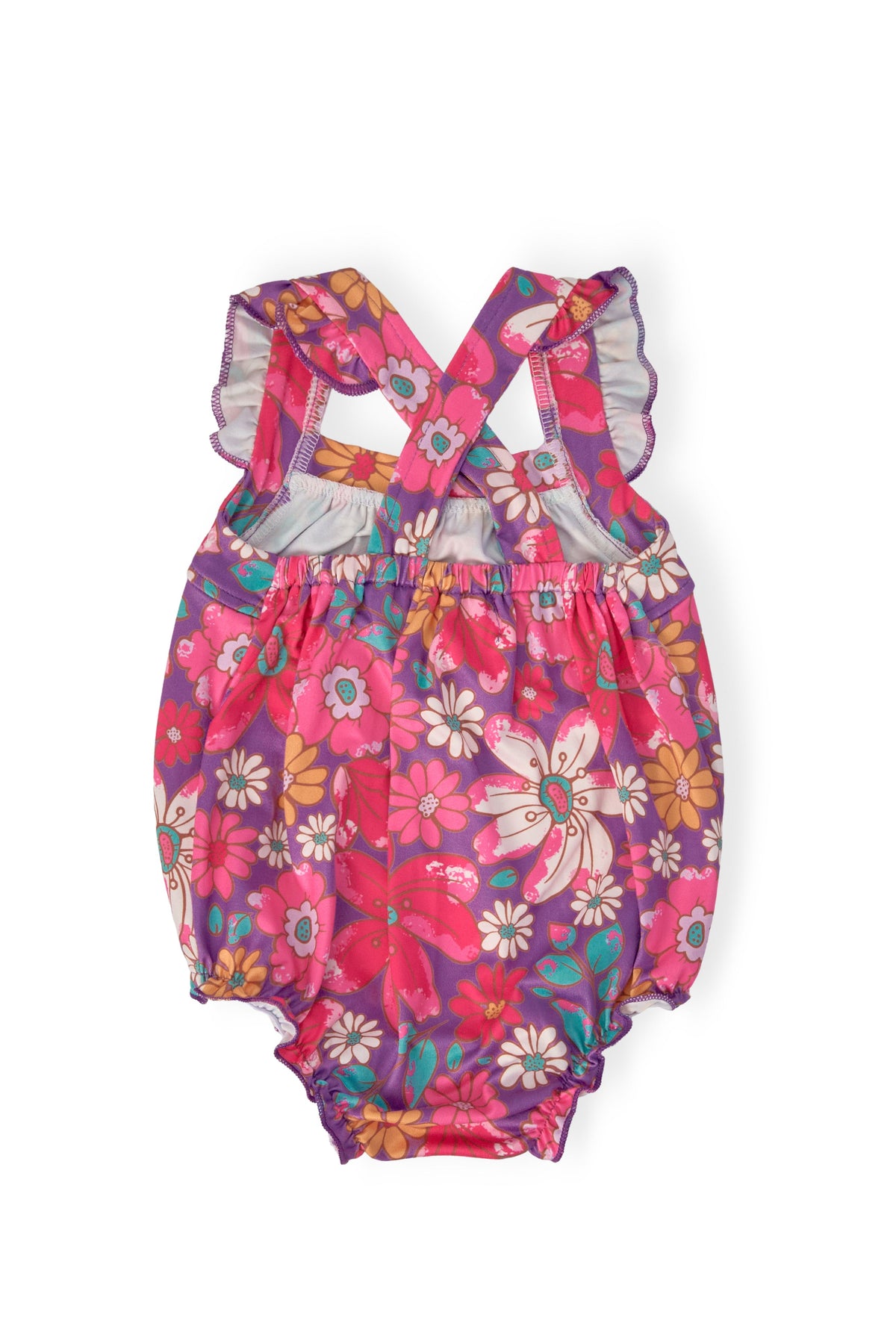 Pink floral ruffle cross-back romper, gathered waist and elastic leg openings