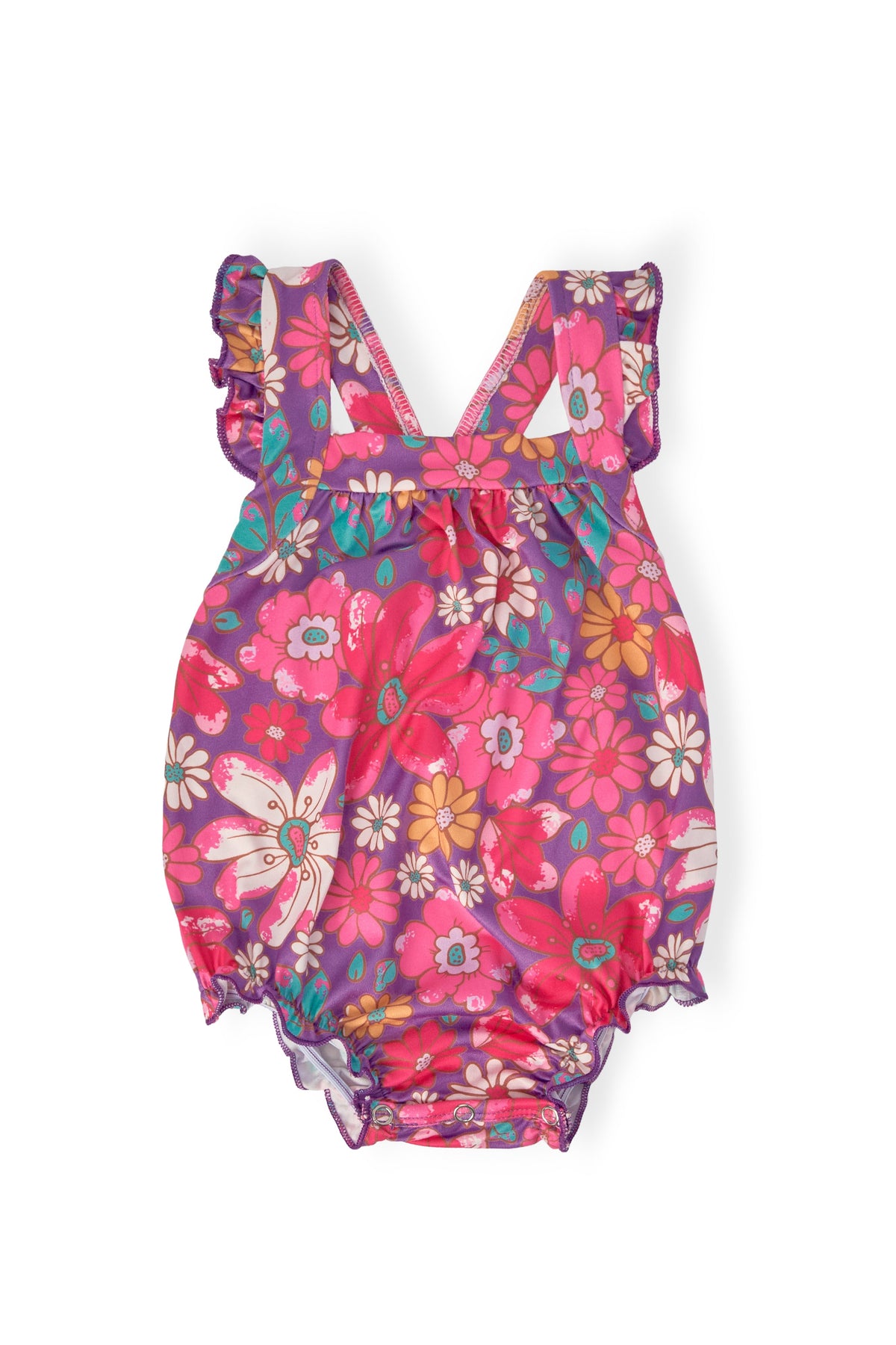 Pink floral ruffle cross-back romper with flutter sleeves and gathered waist
